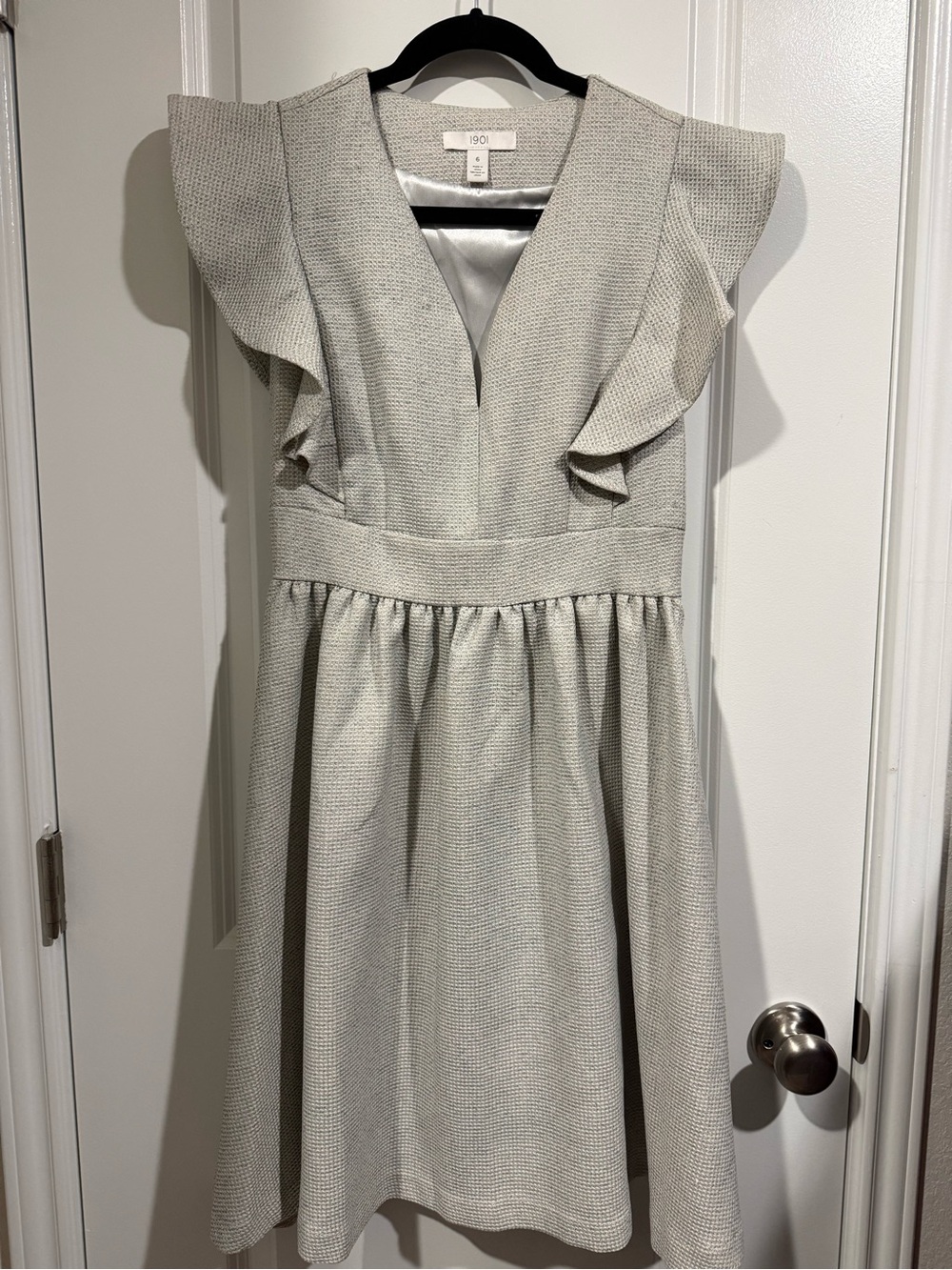 1901 V-Neck Ruffle Sleeve Dress in Light Gray